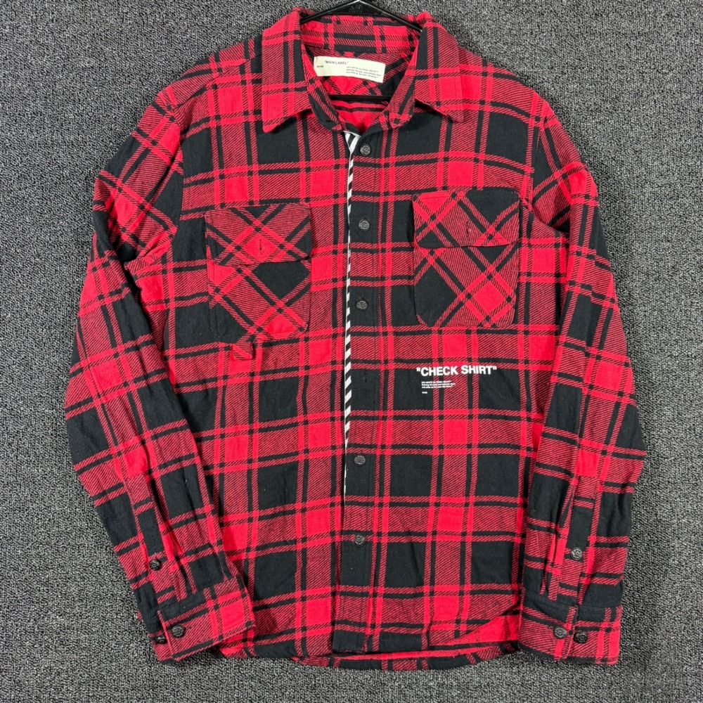 2013 Off-White Virgil Abloh "Check Shirt" Mens L Red Black Plaid Flannel Buffalo